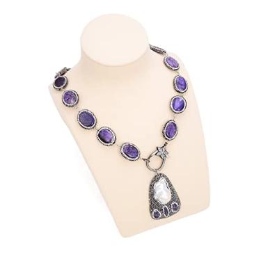 Imagem de URMIBDAI Colar com pingente de pedra de ágata oval roxa de 63,5 cm, joia branca Keshi pérola ametista e pingente de pedra