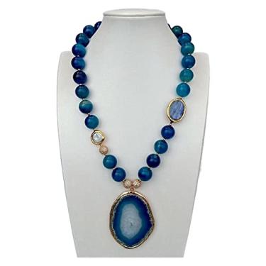 Imagem de URMIBDAI Colares femininos de ágata lisa forma redonda oval cianita moeda branca colar de pérola ágata azul pingente fatia 56 cm