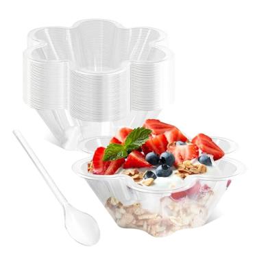 Imagem de piopiocoing 50 peças de copos de sobremesa transparentes em forma de flor de 227 g com colheres, tigelas pequenas de plástico para servir frutas, parfait, sundae, bolo de morango, tigelas de lanche