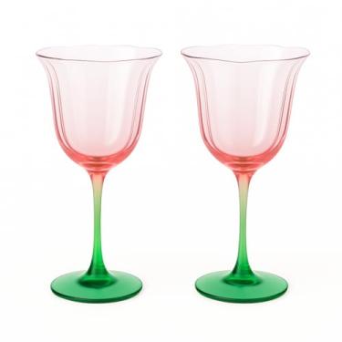 Imagem de Khen Conjunto de 2 taças de vinho Blossom Pink Tulip, copos de coquetel de cristal colorido soprado à mão com design inspirado em flores rosa e verde elegantes para entreter decoração de primavera e