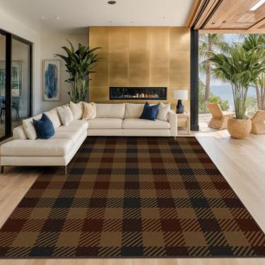 Imagem de JTJ Tapete xadrez grande vintage para sala de estar - Tapete clássico de juta marrom e vermelho clássico 20 x 25 cm para quarto, sala de jantar, varanda ao ar livre, decoração retrô marrom escuro