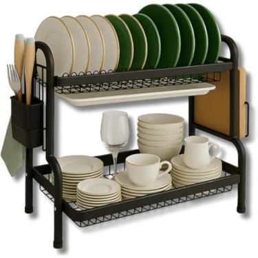 Imagem de Escorredor de Pratos de 2 Camadas, Metal Resistente, Preto, Organizador de Cozinha com Compartimentos para Talheres