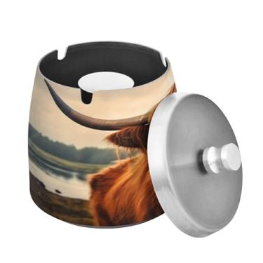 Imagem de Blueangle Cinzeiro de vaca Highland com tampa para cigarros, à prova de vento/chuva, aço inoxidável, sem fumaça, inodoro, cinzeiro para uso interno ou externo (214)