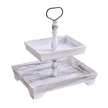 Imagem de YWJLQH Suporte de sobremesa 2 camadas bandeja madeira 2 camadas placa frutas maquiagem organizador prateleira cupcake titular suporte para desktop banheiro