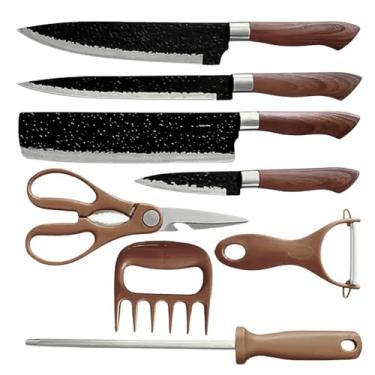 Imagem de Kit de Facas para Cozinha 8 Peças com Aço Inoxidável, Cutelo, Amolador, Garra de Carne e Tesoura – Conjunto Premium para Cortes Profissionais, Churrasco e Preparos do Dia a Dia