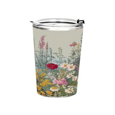 Imagem de Blueangle Copo de 340 g com tampa e canudo, copo de café com água isolada a vácuo de aço inoxidável, caneca de viagem de flores silvestres em aquarela copo térmico para bebidas quentes e frias (999)