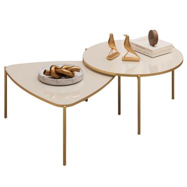 Imagem de Kit 2 Mesas Centro Lina Cleia Pés Metal Off White Dj Moveis