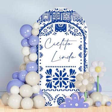Imagem de AIBIIN Capa de fundo de arco Cielito Lindo de 1,8 m, azul e branco mexicano Talavera floral para Cielito Lindo chá de bebê, casamento, aniversário, 2 lados, redondo, chiara, decoração de arco com tema