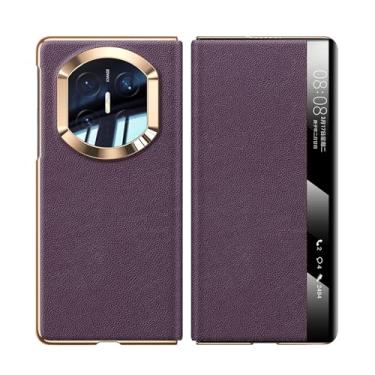 Imagem de FWYANZH Capa flip para Huawei Mate X7, proteção de janela lateral inteligente capa de couro genuíno fecho magnético galvanizado leve luxuoso, roxo, Mate X7
