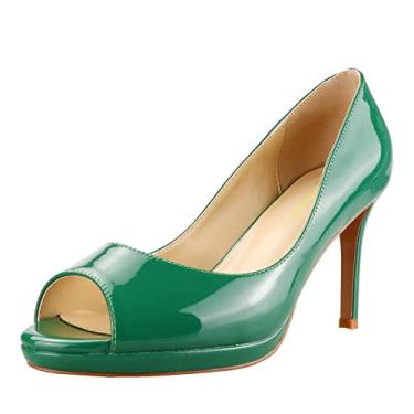 Imagem de LEMUTISME Sandálias femininas de couro envernizado, sexy, sem cadarço, salto alto, salto alto, chique, brilhante, bico aberto, salto agulha plataforma, Verde, 41