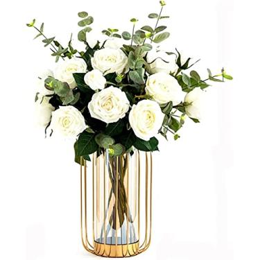 Imagem de LMJYU Flor artificial com vaso de orquídea, flores artificiais em vaso, buquê de seda falsa, arranjos de flores realistas, decoração de casamento para casa