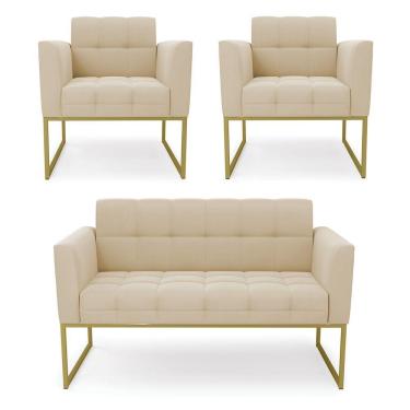 Imagem de Kit 1 Sofá Namoradeira E 2 Poltronas Elisa Suede Bege Base Metálica Industrial Dourada D'rossi