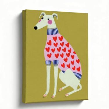 Imagem de Arte em tela de cachorro suéter de coração - 20 x 25 cm colorido com estampa de coração para quarto, sala de estar e decoração de berçário - Arte de animal fofo em tela