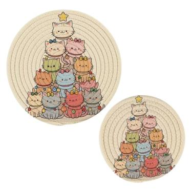 Imagem de Wassud Conjunto de trivet de gatos de árvores de Natal para pratos quentes, suportes redondos de algodão, almofadas quentes, porta-copos elegantes, decoração de cozinha e acessórios, 2 peças