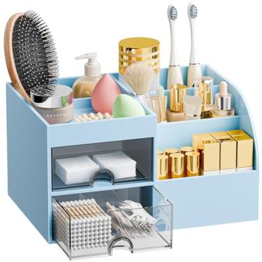 Imagem de Organizador de maquiagem com 2 gavetas, organizador de maquiagem para bancada para penteadeira e banheiro, organização de maquiagem e armazenamento de cuidados com a pele com suporte de pincel, para
