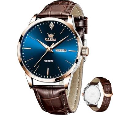 Imagem de OLEVS Relógios masculinos com pulseira de couro, vintage, clássico, fácil leitor, algarismos arábicos, quartzo, à prova d'água, data e dia, azul/preto/branco, mostrador grande, relógios de pulso