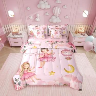 Imagem de Erosebridal Jogo de cama solteiro de fadas rosa para meninas - Jogo de cama com estampa de borboleta e floral, lua e estrelas, para crianças, adolescentes, lençol com elástico + lençol de cima