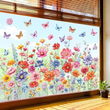 Imagem de decalmile Adesivos de janela dupla face flores coloridas primavera verão buquê de flores silvestres plantas borboletas anticolisão portas de vidro adesivos adesivos de janela