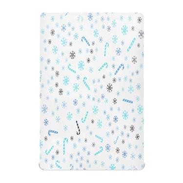 Imagem de Qilmy Lençóis de berço de Natal com flocos de neve, de microfibra macia, respirável, elástico, lençol com elástico para meninos e meninas, lençol com elástico para meninos e meninas, 132 x 71 cm