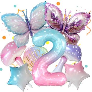 Imagem de 8 balões de borboleta, cogumelo, estrela, feliz aniversário redondo e balão colorido número 2 de 101 cm para decoração de festa de 2º aniversário Fariy Girls. (2º)