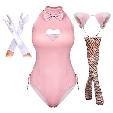 Imagem de Yuriko Adulto Unissex Traje de Coelho Menina Terno Botão Virilha Macacão Macacão Cosplay Traje Peludo Gato Orelha Luvas Meias Conjunto (Rosa M)