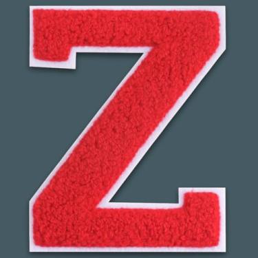 Imagem de QianSiLi Remendos de letras universitárias de chenille vermelho de 15 cm, letras grandes para jaquetas Letterman, moletons com capuz, mochilas, coletes, roupas, adesivos individuais da letra Z