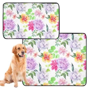 Imagem de Almofadas de xixi reutilizáveis com flores em aquarela, rosa, pastel, para animais de estimação, lavável, impermeável, cercadinho de brinquedo para cães, médio + grande, conjunto de 2