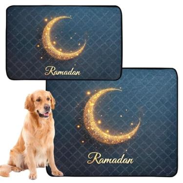 Imagem de TSENQUE Tapete Ramadan Star Moon Navy Lavável para Animais de Estimação Reutilizável, Tapete Impermeável para Gaiola de Cachorro para Cachorros, Absorvente, Médio + Grande, Conjunto de 2