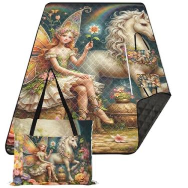 Imagem de TSENQUE Flor Fada Unicórnio Bonito Piquenique Essencial Dobrável Impermeável Cobertor de Praia Grande Tapete de grama para acampamento ao ar livre 299.7 cm x 203.2 cm
