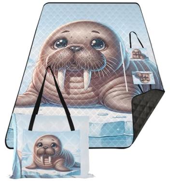Imagem de TSENQUE Lindo tapete de praia com estampa de animal de morsa livre de areia à prova d'água grande cobertor de piquenique cobertor externo com estampa fofa para grama 299 cm x 203 cm