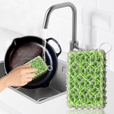 Imagem de Esfregão de ferro fundido para frigideira de malha de metal fundido frigideira, wok, frigideiras (verde)