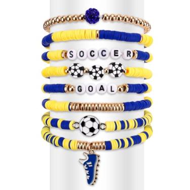 Imagem de 7 Peças Pulseiras de Futebol em Argila Macia, Elásticas Empilháveis Pulseiras Esportivas para Homens e Mulheres Jogadores e Fãs Lembrancinhas para Festas Temáticas de Futebol