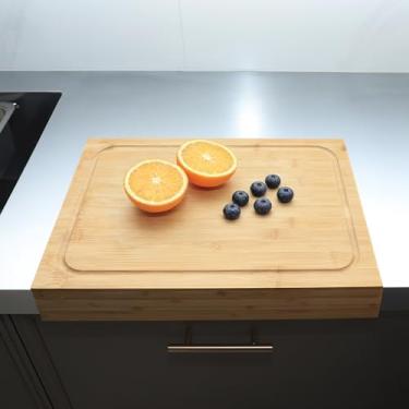 Imagem de BAMUU BAMOTTO CRAFT BAMBOO 43 cm C x 30 cm L tábua de corte de bambu e capa de pia, placa de macarrão com defletor frontal antiderrapante removível, para expandir bancadas e pias de cozinha