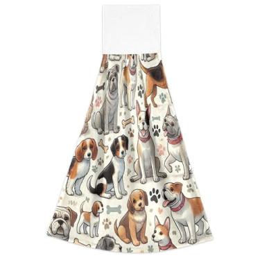 Imagem de Toalhas de mão bege de cachorro fofo com laços para pendurar toalhas de gravata de banheiro altamente absorventes para decoração de casa conjunto de 2, 45 x 35 cm