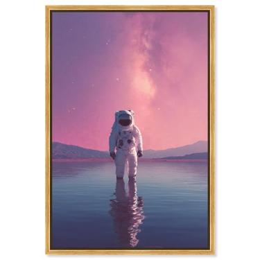 Imagem de Arte de parede de astronauta Synthwave Spacewalker II da Art Remedy, moldura dourada, 50 x 76 cm