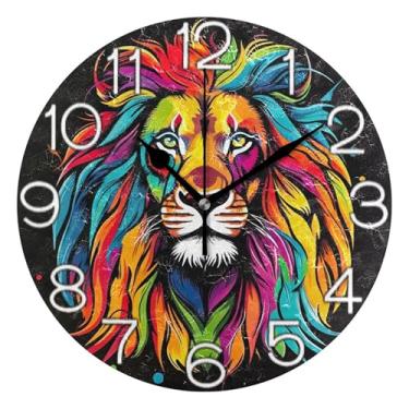 Imagem de GAIGEO Relógio de parede analógico decorativo operado por bateria relógio de sala de aula, arte de parede boho, decoração de casa, desenho animado colorido de leão preto, 25 cm, ponteiros pretos