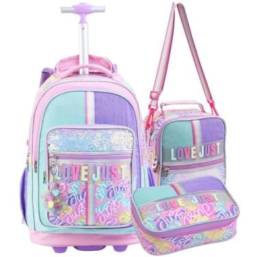 Imagem de Conjunto Escolar Completo com Mochila de Rodinhas, Lancheira Térmica e Estojo para 100 Canetas, Material Reforçado, Compartimentos Espaçosos, para Meninas (Kit Material Escolar Love Just Rainbow)