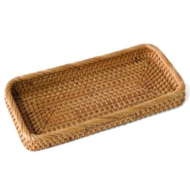 Imagem de Bandeja pequena de vime, bandeja retangular tecida, cesta de chave para mesa de entrada, bandejas de vime natural, cestas decorativas para banheiro
