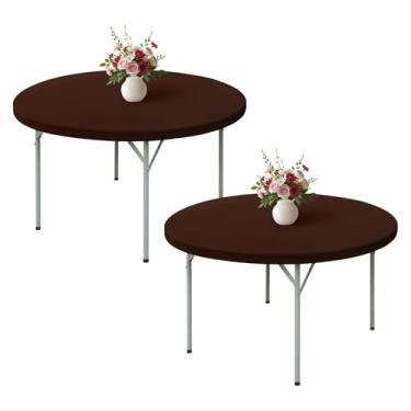 Imagem de Wolkemer Pacote com 2 toalhas de mesa marrom de 1,82 m com bordas elásticas redondas de 152 cm, capa de mesa elástica de elastano com tecido lavável na máquina para festa de casamento, piquenique