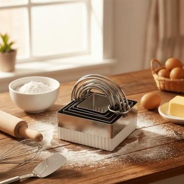 Imagem de Conjunto de cortadores de biscoito quadrados com alça 5 peças de aço inoxidável quadrado profissional ferramentas de massa para bolos