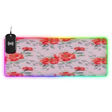 Imagem de CEBUGI Red Flowers Mouse Pad de carregamento sem fio 15W Tapete de mouse rápido para jogos com 14 iluminação LED RGB para jogos, PC, laptop, mesa 90,9 x 39,9 cm