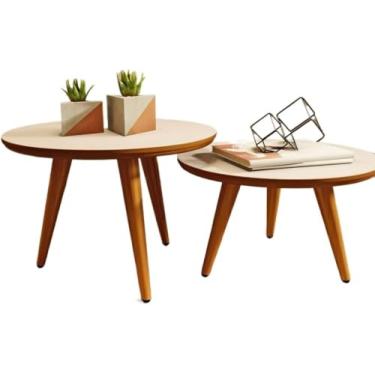 Imagem de Conjunto Mesas De Centro Lateral Pequena Sofá Sala Pé Palito Retro (Off White freijo)