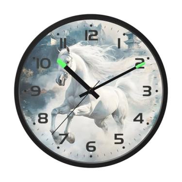 Imagem de SEHANY Relógio de parede artístico majestoso cavalos silencioso, sem tique-taque, relógio redondo operado por bateria, controle de som, luz noturna, relógios de parede para sala de estar, cozinha