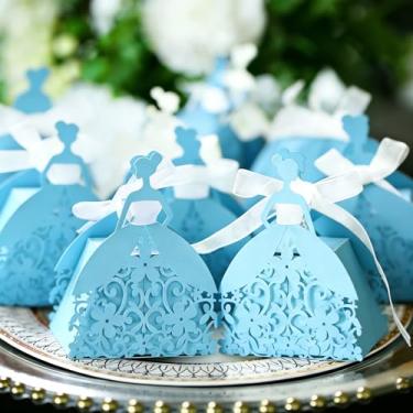 Imagem de 25 peças de caixa de lembrancinha cortada a laser com silhueta de princesa – 7 x 4 cm, papel perolado, casamento, dia dos namorados, recortes florais e fita transparente (azul/branco), azul