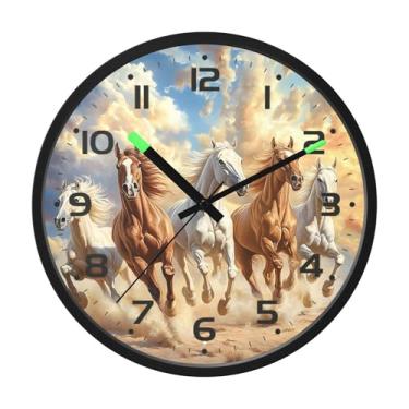 Imagem de SEHANY Relógio de parede artístico majestoso cavalos silencioso, sem tique-taque, relógio redondo operado por bateria, controle de som, luz noturna, relógios de parede para sala de estar, cozinha
