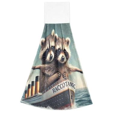 Imagem de Joisal Engraçado Raccoon Titanic toalhas de mão fofas com laços para pendurar no forno toalhas de dedo conjunto de 2 toalhas de cozinha fofas altamente absorventes decoração de banheiro 45 x 35