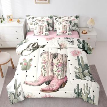 Imagem de Conjunto de edredom solteiro de botas de faroeste rosa com lençol para crianças e adolescentes | Conjunto de cama vintage country de cacto ocidental com 7 peças, conjunto de cama em uma bolsa, chapéu