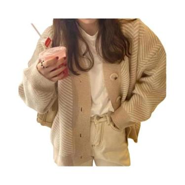 Imagem de Cardigan Feminino De Manga Longa Listrado Suéter De Tricô Casual Para 