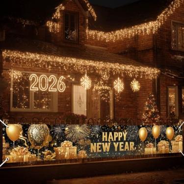 Imagem de HOMETITUTE 299 x 50 cm Banner Feliz Ano Novo Balões Dourados Fogos de Artifício Caixas de Presente Design Banner Pendurado Feriado Grande Cerca Externa Varanda Decoração de Parede Ano Novo Fundo de