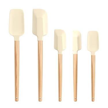 Imagem de Conjunto de 5 espátulas de borracha de silicone com cabo de madeira para cozinhar, potes, cozinhar e misturar alta resistência ao calor, antiaderente, lavável na lava-louças, livre de BPA (branco)
